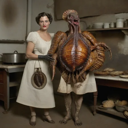 full body portrait photo circa 1910 woman holding platter of roasted alien turkey and detailed trilobites in old kitchen, wearing revealing sexy dirty old dress, detailed face, monsters