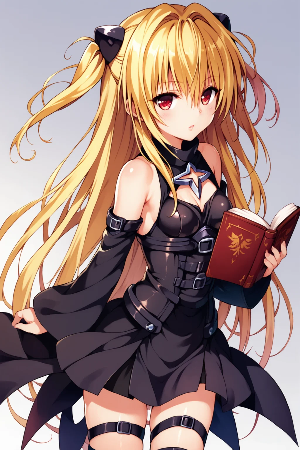 konjiki no yami,1girl,solo,long hair,blonde hair,book,thigh strap,detached sleeves,very long hair,red eyes,white background,holding,two side up,cleavage cutout,hair ornament,holding book,breasts,clothing cutout,simple background,looking at viewer,bare shoulders,thighhighs,cowboy shot,small breasts,black dress,belt,score_9,score_8_up,<lora:Yabuki Kentarou_XL_PONY_V2:0.8>,
