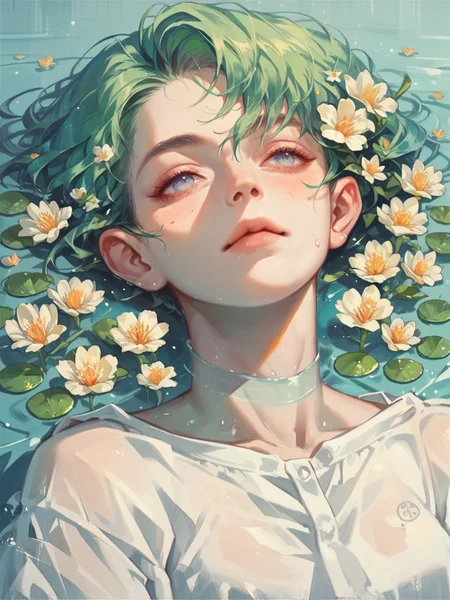 score_9, score_8_up, score_7_up, score_6_up, score_5_up, score_4_up,   <lora:blu3sXLP:0.7> blu3s, 1girl, water, flowers, green hair