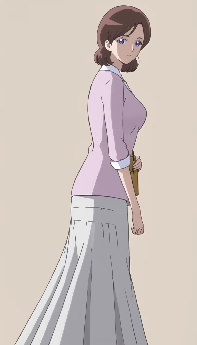 1girl,purple blue eyes,mature female,brown hair,medium breasts,long skirt,<lora:Tsukikage_Haruna-000008>,simple background,