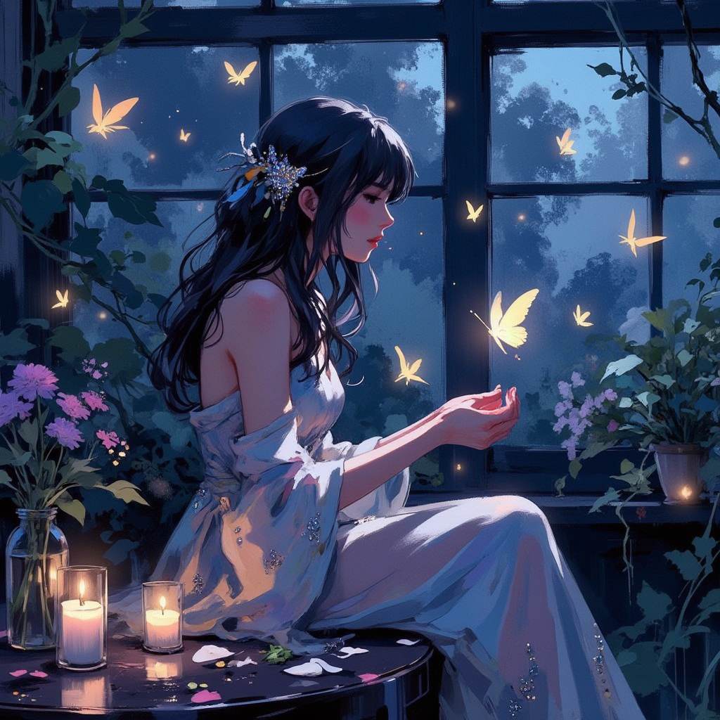 Special Ink-drawing mode, intricate ink details with soft watercolor washes.  

A dreamlike and enchanting scene featuring a young woman surrounded by glowing, ethereal butterflies in a magical, dimly lit setting. The art style is photorealistic with a touch of fantasy, incorporating soft, diffused lighting and intricate textures. The woman sits gracefully on a dark table adorned with small glowing candles and scattered flower petals, creating a serene and intimate atmosphere. She wears a delicate, flowing gown of sheer, iridescent fabric, embellished with golden embroidery that shimmers softly in the ambient light. Her long, dark hair cascades naturally, partially adorned with a sparkling butterfly-shaped accessory, adding a touch of elegance and whimsy. Her gentle expression conveys a sense of quiet wonder as she gazes at a radiant, translucent butterfly resting lightly in her hands. The background is a lush, overgrown conservatory bathed in cool blue and purple tones. Vines laden with small, glowing flowers climb up the walls, blending seamlessly with the soft glow of the butterflies, which illuminate the space like floating lanterns. The interplay of natural and magical elements creates an otherworldly yet serene ambiance, with the light reflecting subtly off the glass panels in the background, enhancing the depth and realism of the scene. The composition symbolizes themes of beauty, tranquility, and the connection between nature and fantasy. Capture the soft textures of the womans gown, the intricate details of the butterflies, and the gentle interplay of light and shadow throughout the image. Enhance the magical glow of the butterflies and flowers, ensuring a harmonious balance between the realistic and the fantastical elements for a captivating and immersive visual experience
