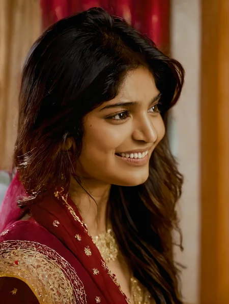 divyasynthxl woman, <lora:divyasynthxl-v1:1>, face focus, closeup, standing, smiling, closed mouth, mouth closed, in the bedroom, wearing traditional indian outfit