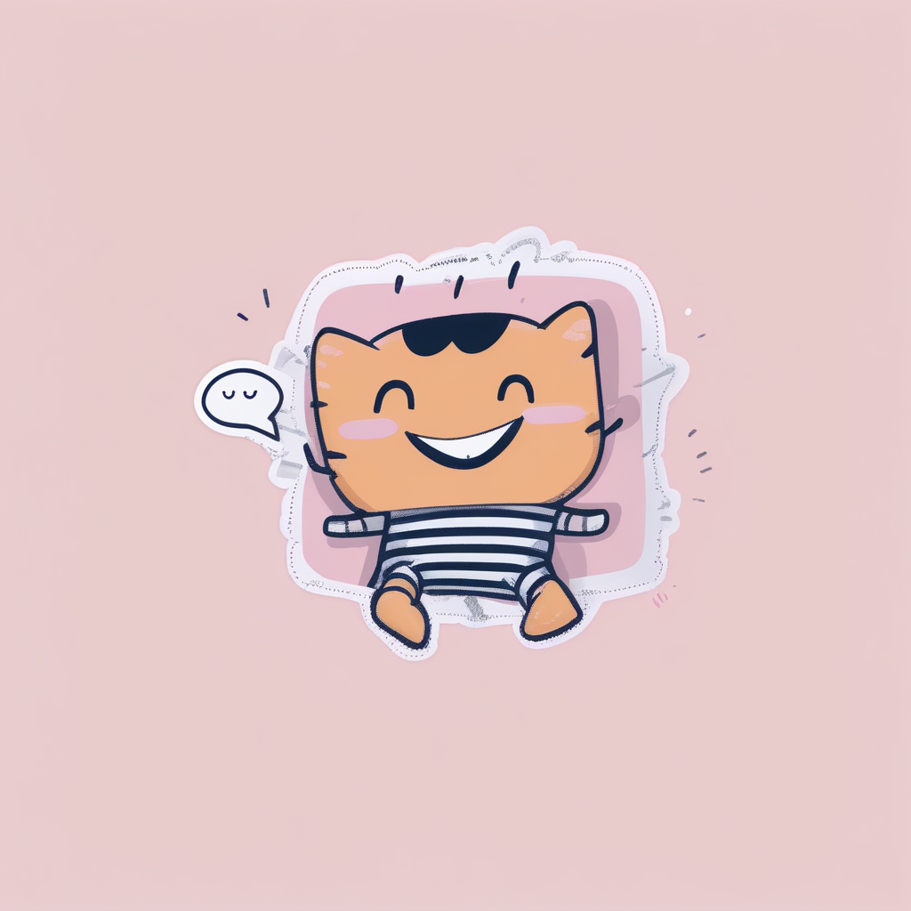 pillow, on back, pink background, smile, blush stickers, solo, speech bubble, motion lines, open mouth, striped shirt