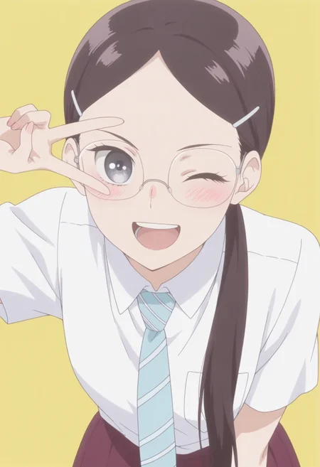 anime screencap, anime coloring, <lora:DX888RikaIL:1> sonezaki rika, grey eyes, black hair, long hair , ponytail, parted bangs, hairclip, BREAK simple background, yellow background,  BREAK  glasses, school uniforme, white shirt, striped necktie, skirt,  BREAK     1girl, blush, leaning forward, solo,  v, open mouth, happy,  v over the eye, (upper body:1.2), one eye closed, teeth,