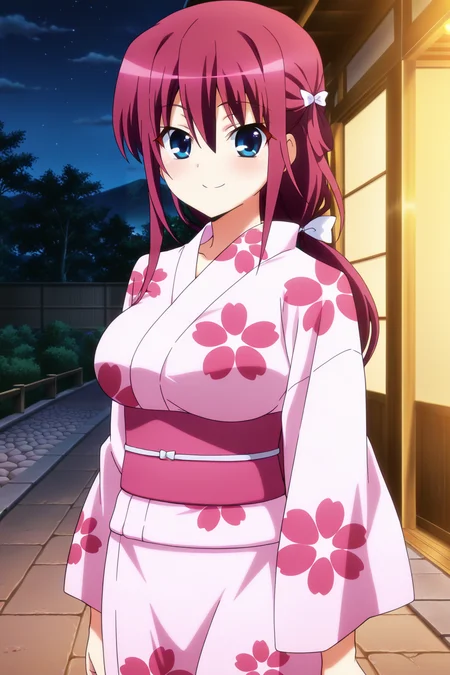 anime screenshot, anime coloring, 1girl, solo, suou amane, red hair, hair rings, low ponytail, white bow, hair bow, blue eyes, large breasts, kimono, pink kimono, yukata, print kimono, floral print, pink sash, looking at viewer, smile, cowboy shot, outdoors, night, masterpiece, best quality, high quality, highres, absurdres, <lora:suou_amane_ILXL:0.9>