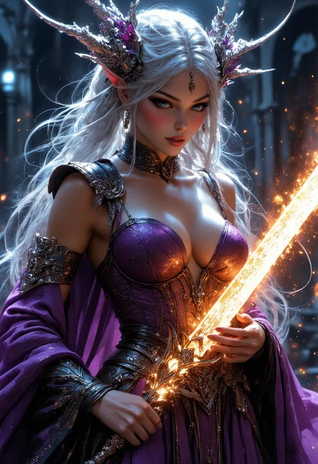 highly detailed and hyper realistic and dynamic. Three quarter profile view,  high-resolution, suggestive illustration of a fair-skinned woman with long, silver hair and expressive eyes, wearing an intricate flowing garment showcasing ample cleavage. She has a very pretty face with big highly detailed eyes, full lips and full lips. She holds a huge ornamented and brightly glowing sword  in her hand. fireflies and fiery particles of lights flying around her. Highly detailed and hyper aesthetic fantasy art portrait.