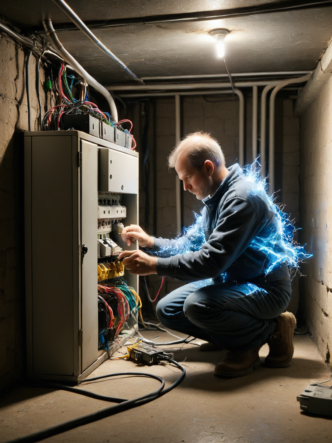 An ais-sparkz man, fixing the fuse box in the basement <lora:Sparks_Style_SDXL:1>