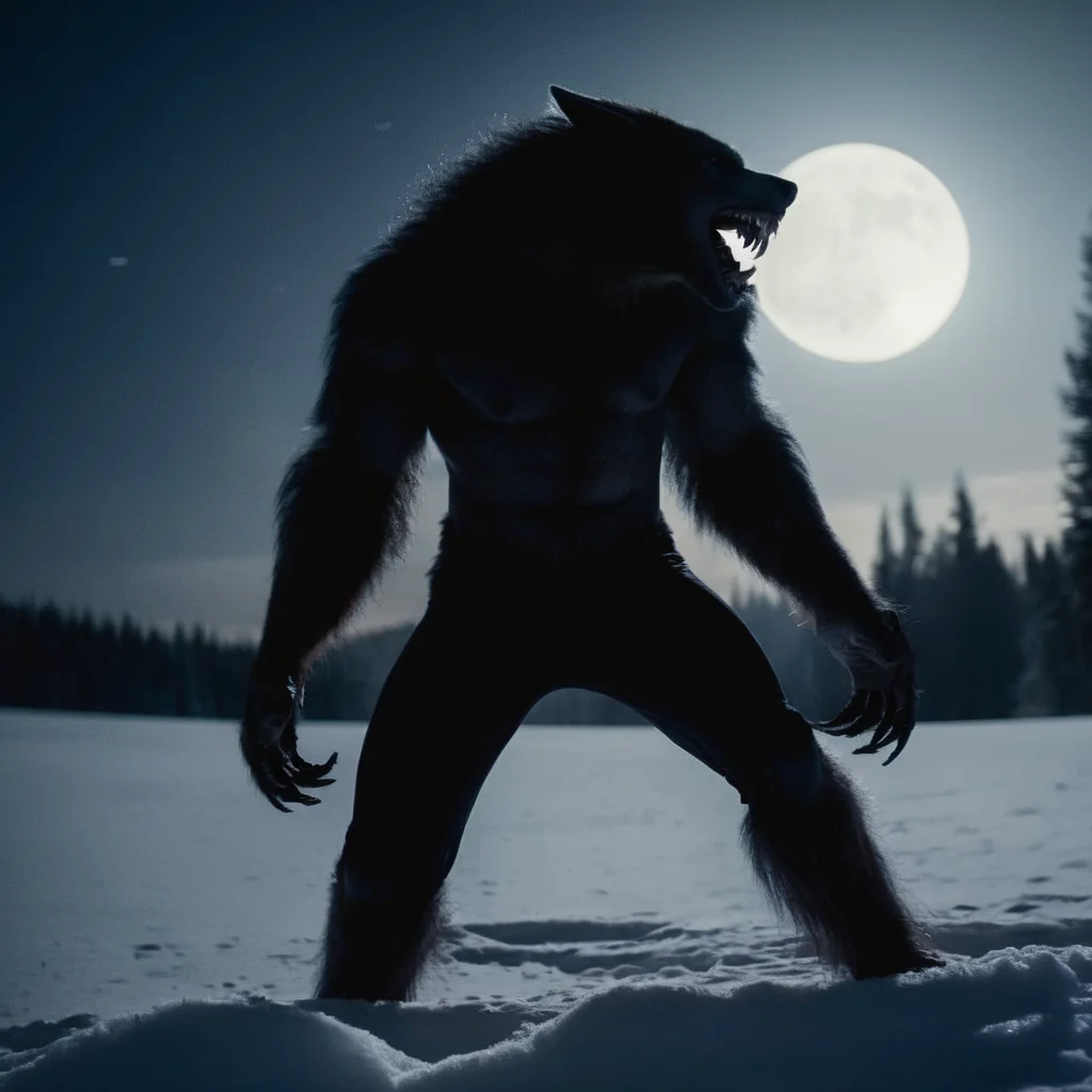 cinematic film still of <lora:Werewolf style:1.2>
wide angle of a silhouette Werewolf in a black outfit is standing in the snow while looking at full moon Werewolf Style, shallow depth of field, vignette, highly detailed, high budget, bokeh, cinemascope, moody, epic, gorgeous, film grain, grainy