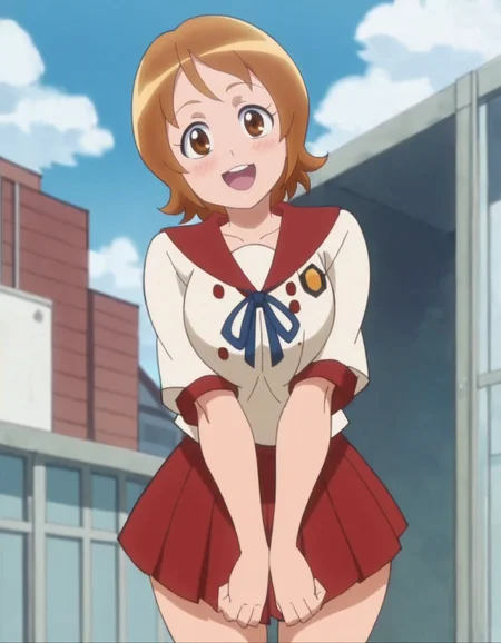 score_9, score_8_up, score_7_up, anime screencap, solo,1girl,omoriyuko, school uniform, smile, skirt, serafuku, red skirt, sailor collar,looking at viewer, large breasts,wide hip,cowboy shot, blush,open mouth,<lora:omoriyuko:0.8>