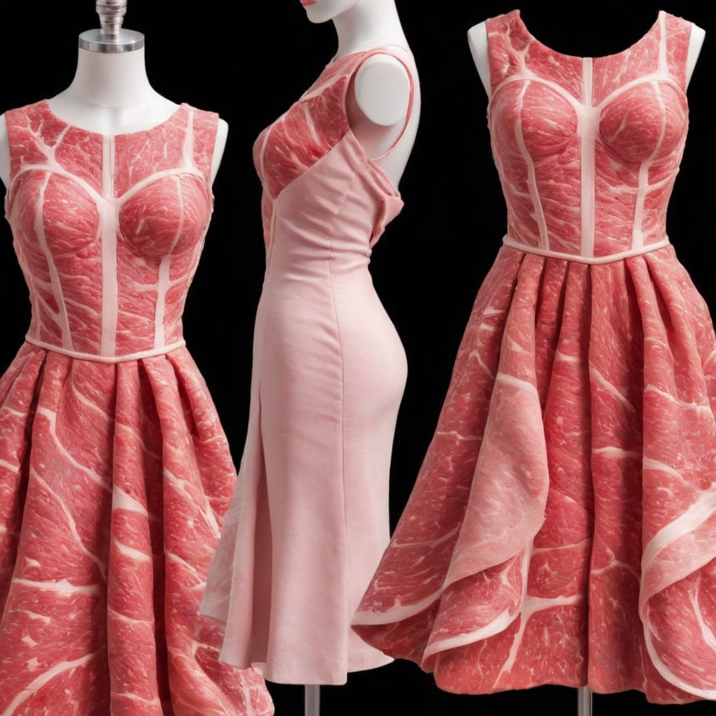 Visualize a unique and avant-garde dress, meticulously crafted using pieces of meat, seamlessly stitched together to form a cohesive garment. This dress should drape elegantly over a human mannequin, showcasing the meat's natural textures and colors. The mannequin should stand confidently, emphasizing the dress's unconventional beauty. The meat should appear fresh, with varying shades of reds and pinks, and the stitching should be discreet, allowing the meat pieces to appear as if they're naturally connected. The overall ambiance should be sophisticated, with a spotlight focusing on the dress, highlighting its intricate details and craftsmanship,<lora:jpbeef:0.55>