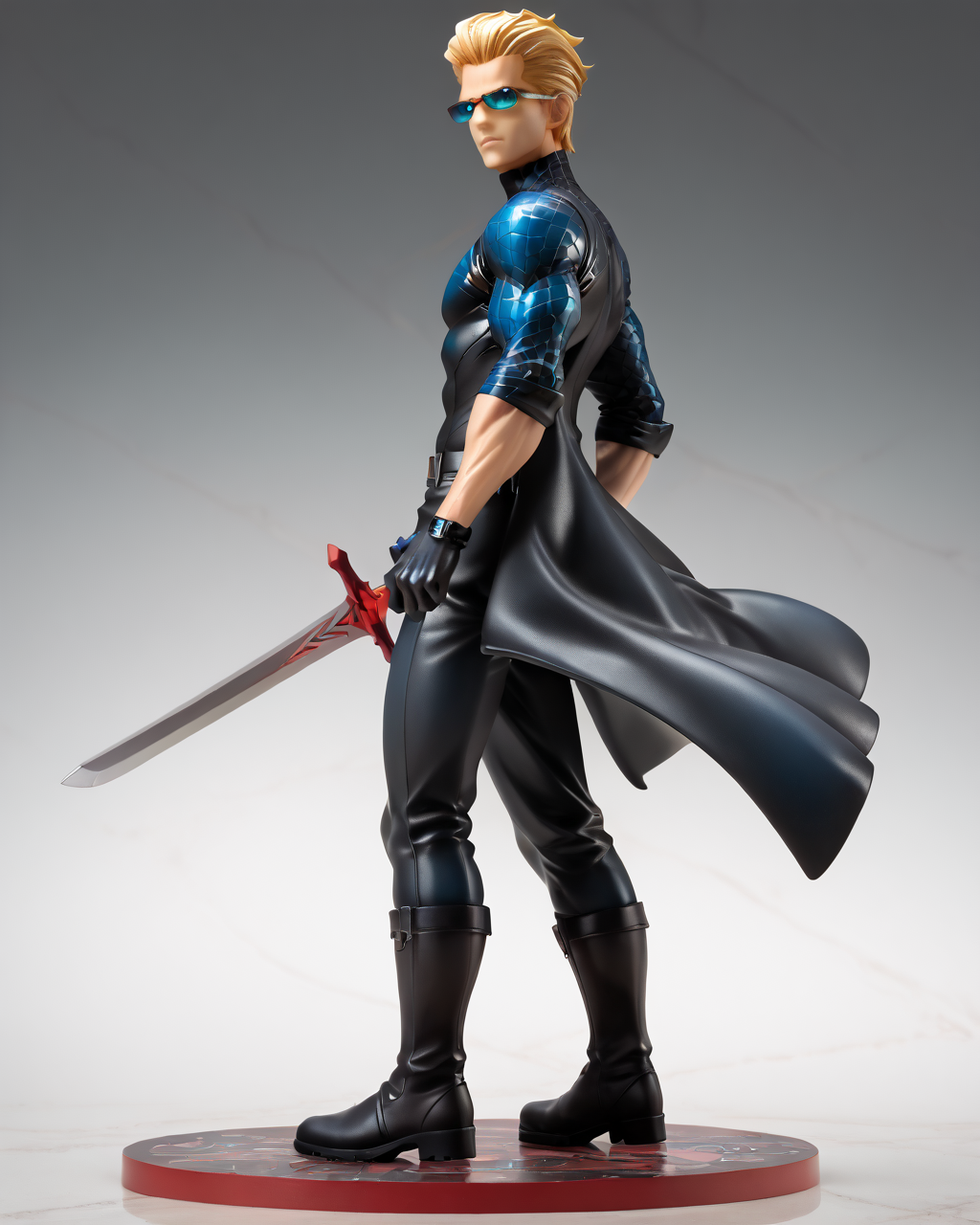 PonyScores7, source_anime, ah1, best quality, (masterpiece:1.4), (high quality:1.4), sharp focus, 4k, absurd resolution, <lora:albertwesker-guy-PONYv1:0.8> albertwesker, albert wesker, 1boy, solo, blonde, black gloves, sunglasses, belt, pants, black coat, black pants, looking at viewer, toned, athletic, fit, slicked back hair, black turtleneck, zipper, mature male, (graphene textured clothes), black boots, (hero of dawn, with a sword of morning light and a shield of hope bringing a new day), bad-hands-5, <lora:xl_more_art-full_v1:0.4>, <lora:shinyskin2:0.3> glistening skin, <lora:aesthetic_anime_v1s:0.4>, <lora:Expressive_H:0.4> Expressiveh, <lora:hairdetailpxl:0.4> hairdetailpxl, <lora:EpicF4nta5yXL:0.4>, <lora:detailxl:0.4> detailxl, <lora:Fant5yP0ny:0.4>, (Low angle (from the side) view medium Close shot (focus on head)), (focused, intense glare), slit pupils, short hair, (blue eyes), best quality, amazing quality, best aesthetic, absurdres, <lora:expressive eyes:0.4> expressive eyes, <lora:eyedetailpxl:0.4> eyedetailpxl, illustration, Volumetric_Lighting, ultra-detailed, very aesthetic, intricate details, 8k, masterpiece, best_quality, pvc figure, <lora:OnlyFans_XL_r1:0.8>