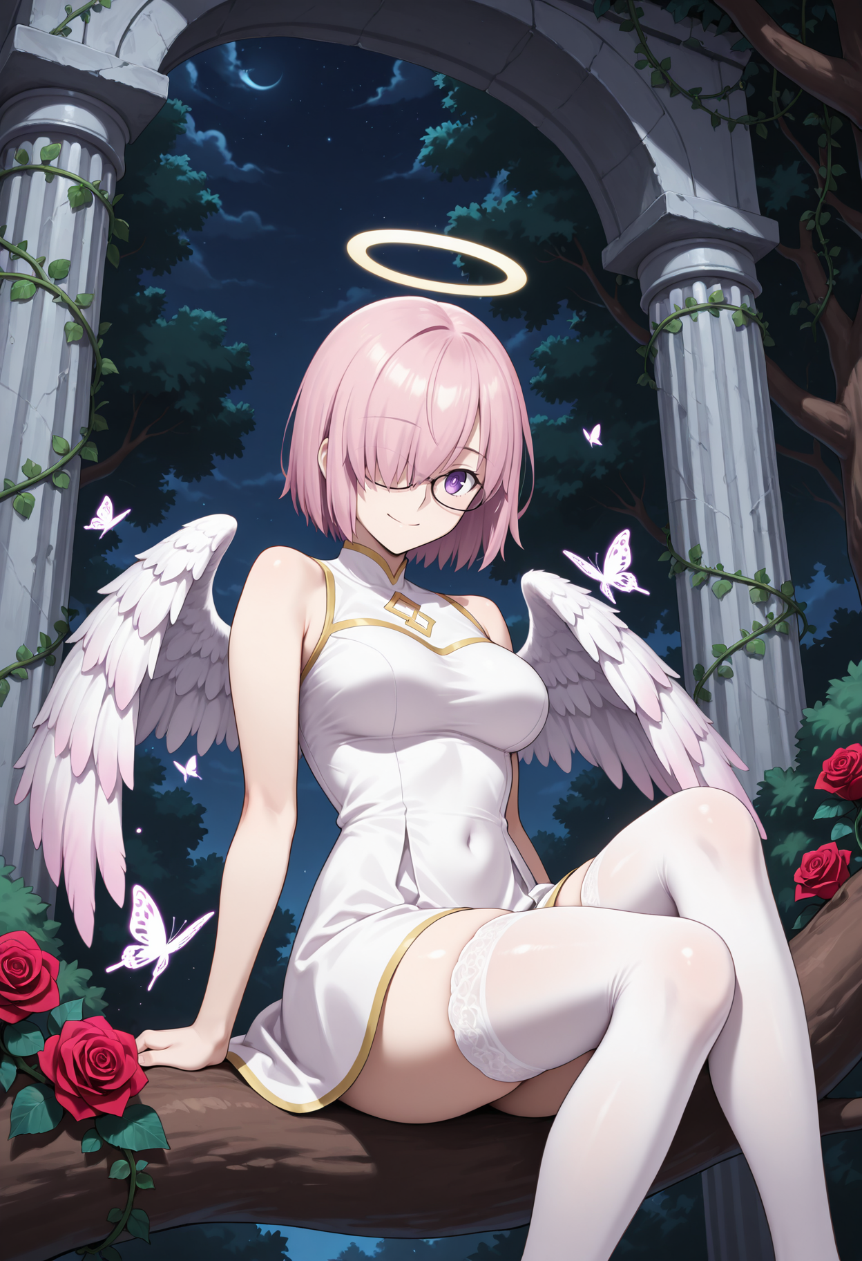 masterpiece, best quality, highres, absurdres, very awa, 1girl, solo, aamash, short hair, pink hair, hair over one eye, angel, angel wings, halo, white dress, outdoors, architecture, pillar, bush, (nature:0.9), vines, rose, sitting in tree, in tree, sitting, tree, butterfly, purple eyes, glasses, white thighhighs, arch, night, night sky, looking at viewer, legs, thighs, closed mouth, smile