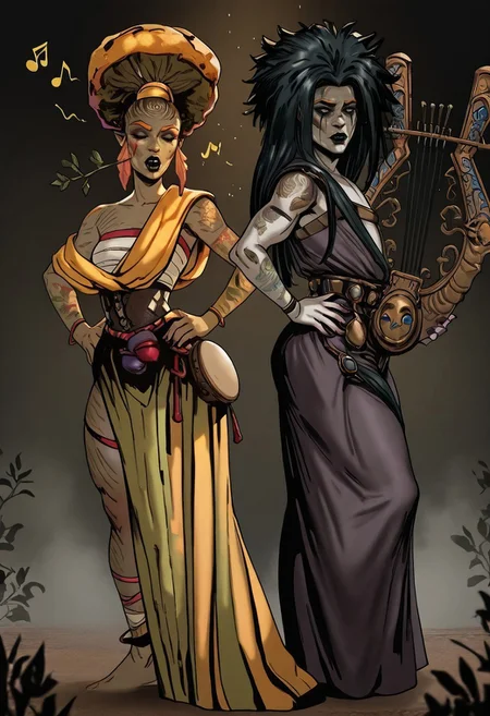 masterpiece, best quality, newest, absurdres, highres, dandon_fuga, ORPH&EURY-V1.1, duo, duo focus, Dynamic-Duo-Pose-IL.V1.0, Duo, Duo focus, dynamic duo, dynamic pose, pose, TTCSV1.0
1girl, EURY-V1.1, tree, tree on head, tree hair, plant girl, plant hair, orange eyebrows, plant humanoid, dryad, jewelry, yellow hair, tattoo, anklet, sarashi,
hands on hips, singing,
BREAK
1boy, ORPH-V1.1, black hair, afro, makeup, pale, pale skin, purple fingernails, eyeshadow, nail polish, long hair, jewelry, black lips, facial mark, harp (instrument), harp, instrument, playing instrument, music note,
