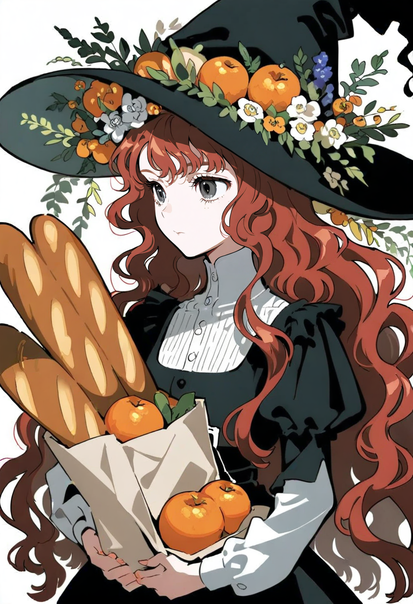 <lora:yoneyamaiXL_il_lokr_V53P1:0.95> food, solo, 1girl, simple background, hat, long hair, witch hat, bread, long sleeves, holding, white background, dress, bag, wavy hair, very long hair, fruit, red hair, upper body, closed mouth, witch, holding bag, black dress, baguette, flower, black eyes, grey eyes, brown hair, black headwear, tree