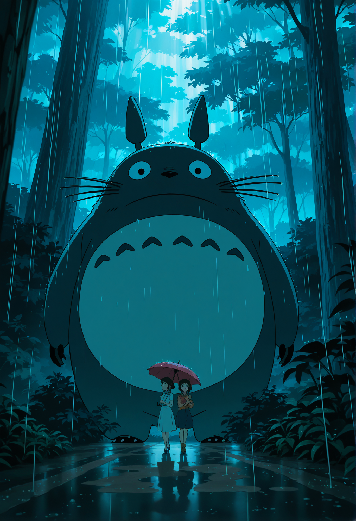 very awa, (anime screenshot:0.8),  (studio ghibli:0.6), totoro, holding umbrella, rain, sunbeam, forest, dirt road, 2girls, sisters,  masterpiece, [best quality:0.15], newest, absurdres,
