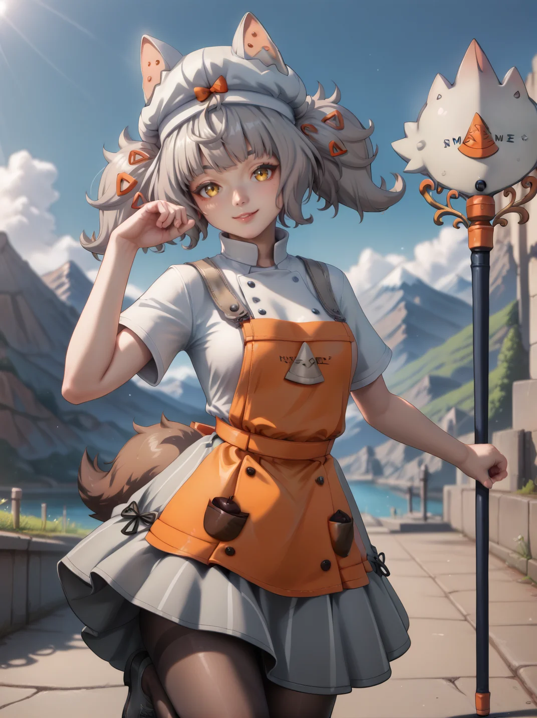 score_9, score_8_up, score_7_up,, 
1girl, smile, dutch angle, naughty pose, looking at viewer, one leg up, holding staff, cute pose, mountains, solo, dynamic pose, cowboy shot, head tilt, sexually suggestive, blue sky, outdoors,
 <lora:AMargherita_character:0.8>, MargheritaXL,, grey hair,  yellow eyes, twintails, hair ornament, hat, single glove, white shirt, orange apron, pantyhose, grey skirt, animal ears, tail,  <lora:Realistic_2.5DAnime_Merge1:0.6>