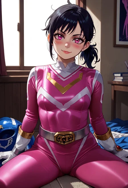 score_9, score_8_up, score_7_up, BREAK,
1girl, solo,
sentaisaintforce, pink bodysuit, silver belt, white gloves, spandex, wing-shaped chest symbol, small breasts, helmet removed, no headwear,
leyleyxl, (black hair), ponytail, (white pupils, pink eyes:.6), messy hair, short ponytail, (upper body:.6), BREAK,
smug, blush, looking at viewer, BREAK,
sitting, legs apart, BREAK,
indoors, floor