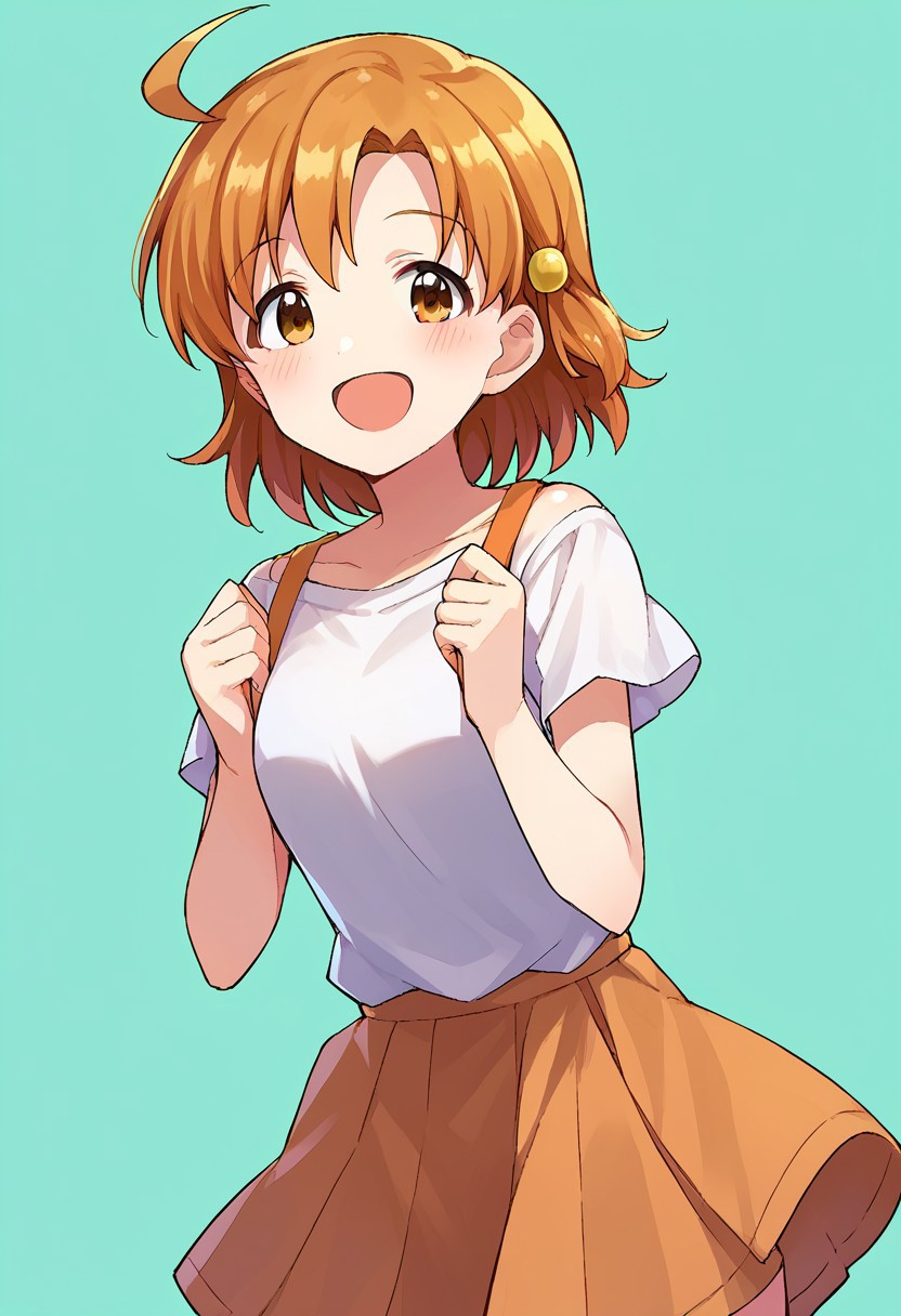 score_9, score_8, score_7, source_anime, yabuki kana, 1girl, solo, blush, smile, looking at viewer, open mouth, ahoge, shirt, :d, skirt
