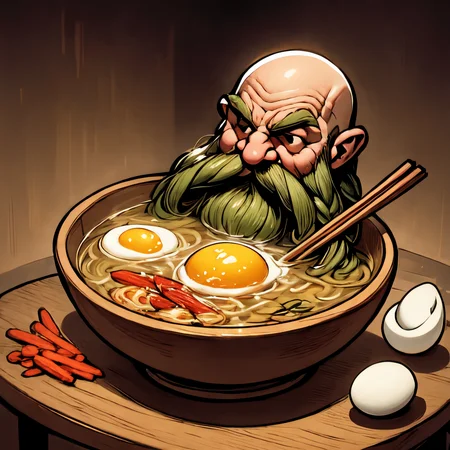 <lora:Harry_Dwarf_SD1.5:1>, Studio Ghibli, cartoon style, magical, Harry_Dwarf, dwarf-like, flowing long green beard, braided moustache,bald, bangles, beautiful lighting, in a bowl of vegetable ramen, clear broth, clear water, ramen, swimming in soup, wooden bowl, on top of a table, floating carrots and cabbage, egg halves, split egg, hard boiled egg