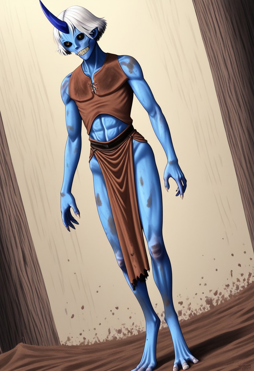((Alien humanoid)), solo, androgynous, aquatic features 
blue skin, ((webbed skin between fingers)),
((nostrils only, nostril slits, vertical nasal slits, narrow nostrils)):1.6, ((narrow eyes)), ((black sclera, black irises)), smooth skin,  pointy ears, small ears, tiny ears, holes in skin, forehead horn, short horn, veiny horn, ((single horn)):1.0, ((4 fingers)), fingernails, thin lips, ((white hair)), ((short hair, spiky hair)), sharp teeth, ((digitigrade legs)), bent legs,
full body shot
ragged clothes, muddy clothes, loincloth, tunic, dirty
Medieval style, fantasy style,
style: r1n,
((Variety)):1.2
((dutch angle))
river background
fully clothed, loose clothing, clean lines, smooth colors, detailed fingers, sfw, source: semi-realistic, rating: pg, score: 8 up, score: 9