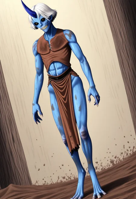((Alien humanoid)), solo, androgynous, aquatic features
blue skin, ((webbed skin between fingers)),
((nostrils only, nostril slits, vertical nasal slits, narrow nostrils)):1.6, ((narrow eyes)), ((black sclera, black irises)), smooth skin, pointy ears, small ears, tiny ears, holes in skin, forehead horn, short horn, veiny horn, ((single horn)):1.0, ((4 fingers)), fingernails, thin lips, ((white hair)), ((short hair, spiky hair)), sharp teeth, ((digitigrade legs)), bent legs,
full body shot
ragged clothes, muddy clothes, loincloth, tunic, dirty
Medieval style, fantasy style,
style: r1n,
((Variety)):1.2
((dutch angle))
river background
fully clothed, loose clothing, clean lines, smooth colors, detailed fingers, sfw, source: semi-realistic, rating: pg, score: 8 up, score: 9
