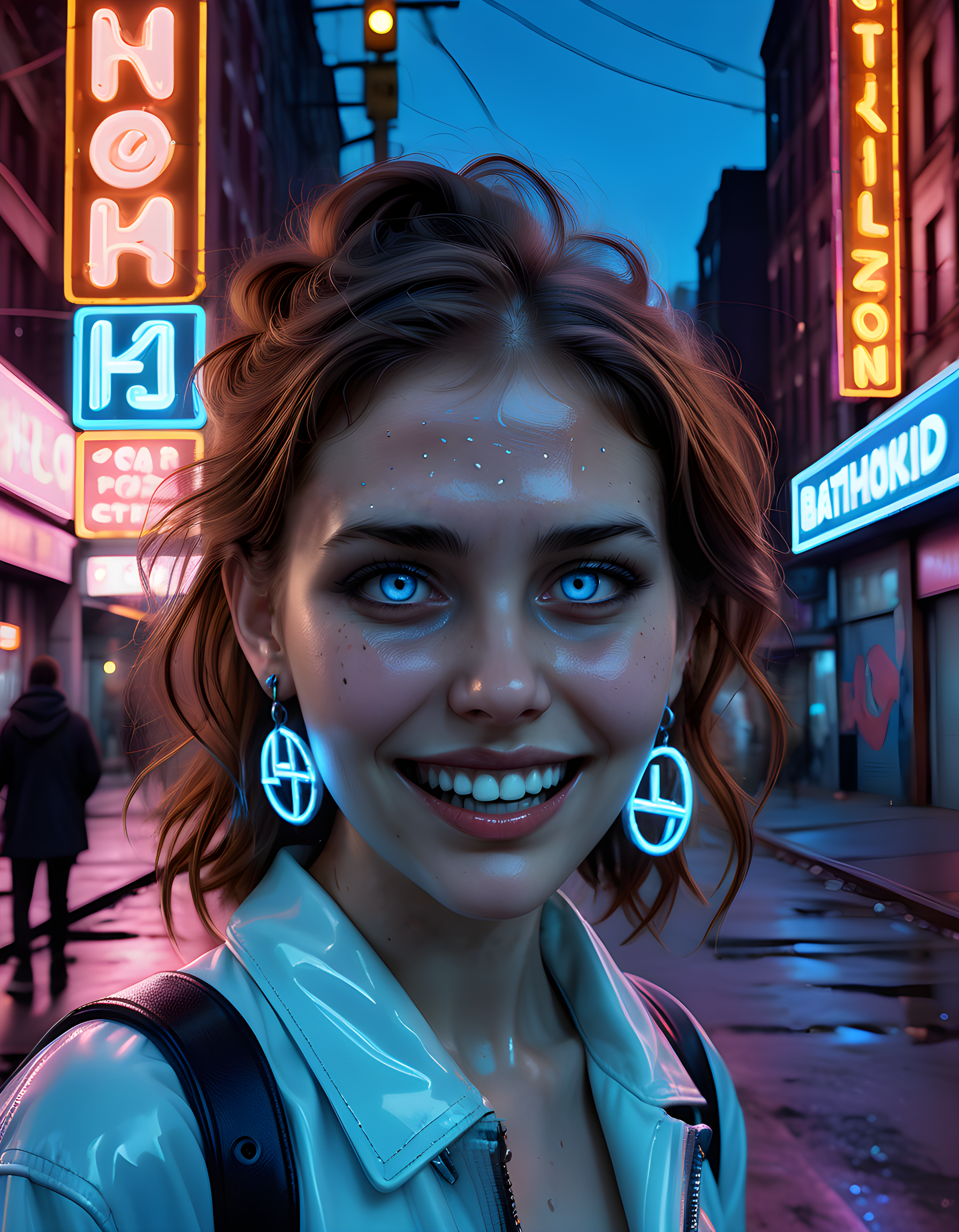In a gritty, dystopian cityscape at twilight, a solitary woman with striking brown hair and freckles, clad in an avant-garde outfit that incorporates neon-blue hues reminiscent of the digital realm, adorned with intricate, glowing h4z3l6 symbol earrings, flashes a radiant smile revealing perfect white teeth. The camera is positioned at eye level, capturing her intense gaze locked onto the viewer, bathed in the eerie glow of neon signs and flickering streetlights, creating an emotionally charged atmosphere that hints at rebellion and resilience against the oppressive city environment.