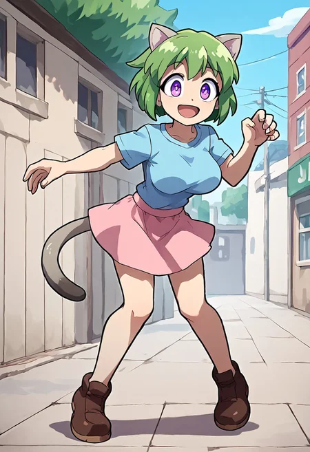 score_10, score_9, score_8, 1girl, solo, rakuchan, (pink skirt:0.6), purple eyes,blue shirt,green hair, smile, eye shine, wide eyes, open mouth, full body, jump, brown shoes,(large breasts:0.6), outdoors, nekomimi, tail