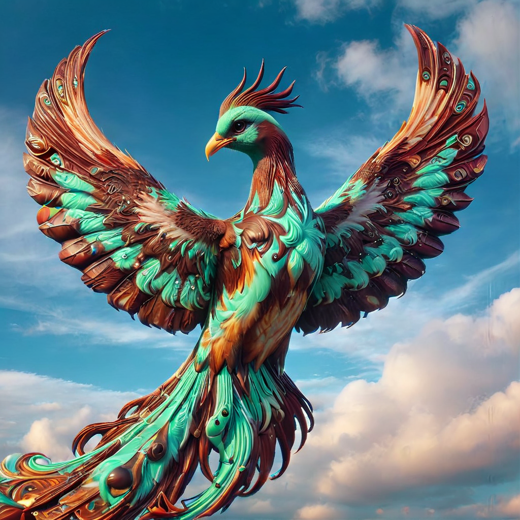 a phoenix with noc-mntch pattern, sky, <lora:noc-mntch:1>
