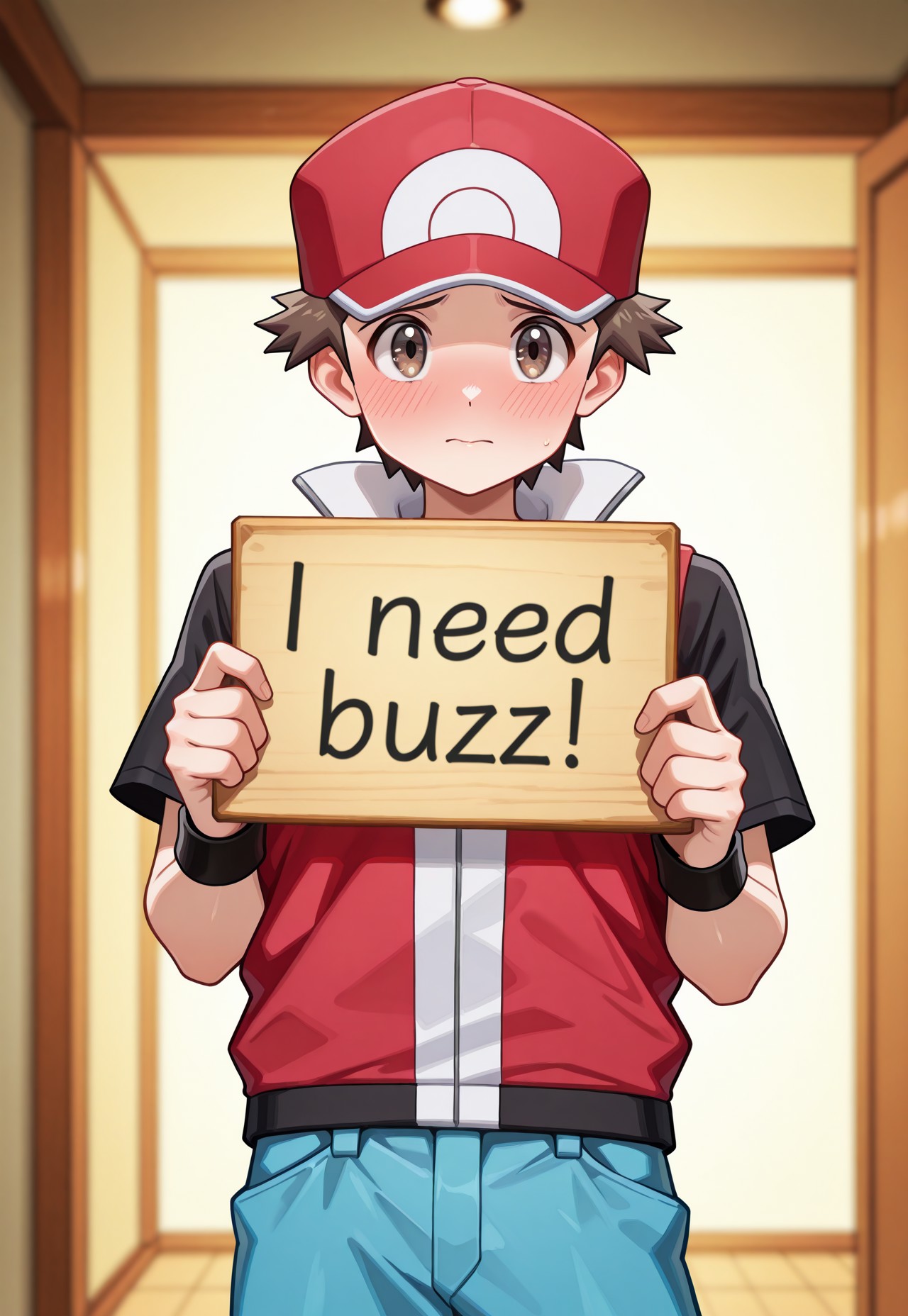masterpiece,best quality, high resolution, ultra-detailed, absurdres, newest, depth of field, detailed background, volumetric lighting, very awa, intricately detailed illustration, shiny skin, 1boy, male focus, red_remake, brown hair, brown eyes, red with white baseball cap, black shirt, red vest, blue pants, black wristband, need_buzz, holding sign, shy, blush, cute, looking at viewer