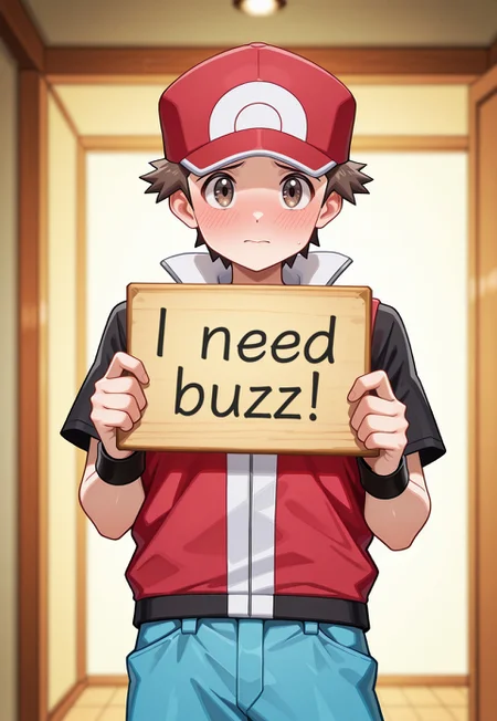 masterpiece,best quality, high resolution, ultra-detailed, absurdres, newest, depth of field, detailed background, volumetric lighting, very awa, intricately detailed illustration, shiny skin, 1boy, male focus, red_remake, brown hair, brown eyes, red with white baseball cap, black shirt, red vest, blue pants, black wristband, need_buzz, holding sign, shy, blush, cute, looking at viewer