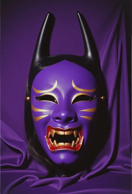 ArsMovieStill, movie still from a 1970s horror movie Studio cursed kitsune mask in a Japanese grave shrine purple miasma