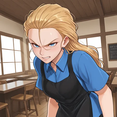 masterpiece, best quality, amazing quality, colorful, vibrant, very aesthetic, detailed background, <lora:Wendy_-_Waffle_House-000008:1> wh-waitress, 1girl, blonde hair, blue eyes, waitress, indoors, grimace, blue shirt, black apron, vs goku,