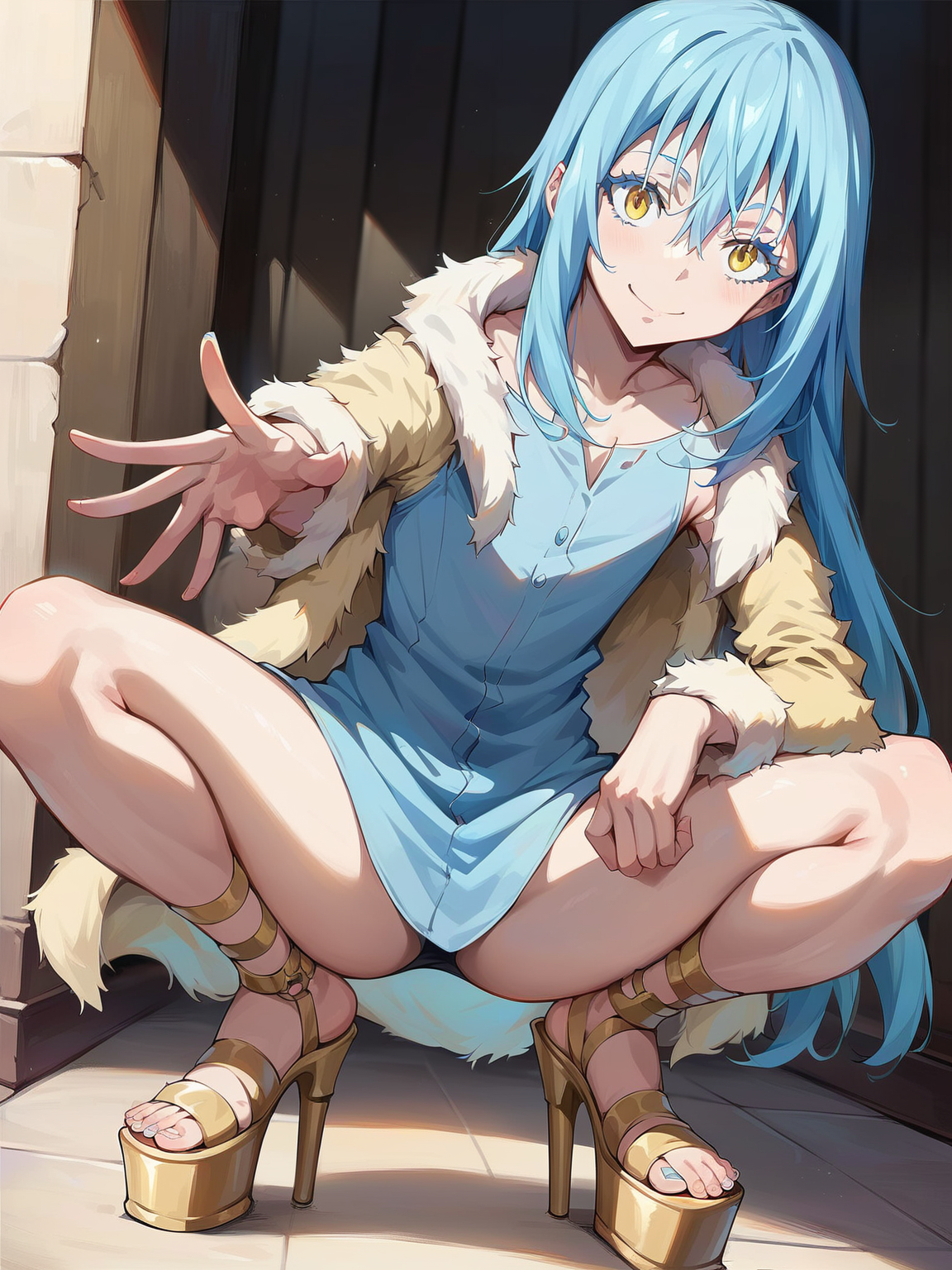 <lora:Rimuru:0.9> ri_ru, 1boy, blue hair, long hair, blue eyebrows, long blue eyelashes, yellow eyes,
looking at viewer, squatting, front view, spreading legs, platform high heels, score_9, score_8_up, score_7_up,