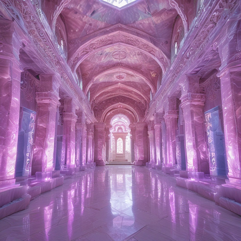 symmetric, aesthetic, white walls , ornate temple entrance , fluorite mineral, flu0rite, iridiscent,