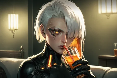 score_9, score_8_up, score_7_up, score_6_up, Girl, white hair, orange inner colored hair, bob haircut over one eye, gloves, orange eyes, portrait, lace collar, black latex suit , drinking, Deus Ex style, DeusEx, cyberpunk, 8k, hd, soft light, cinematic light, Very detailed, indoors, <lora:Perfect Hands v2:1> <lora:DeusEX_r1:1>