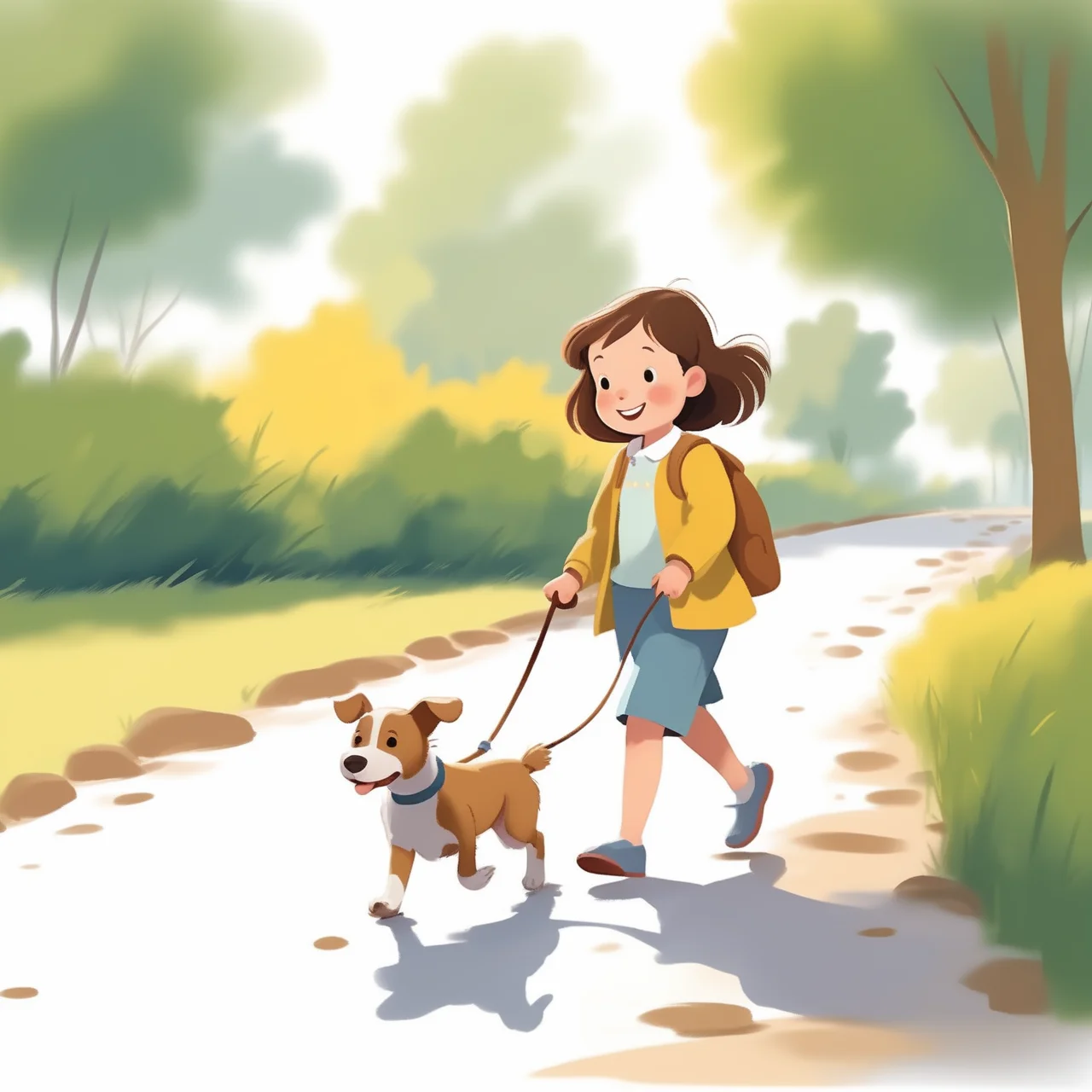 <lora:children huiben11-20231007-000006:0.75>,children's picture books,crayon paintings,white background,simple background,
A little girl is walking her dog, facing the camera, slowly approaching, with high definition and quality,