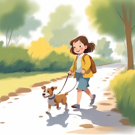 <lora:children huiben11-20231007-000006:0.75>,children's picture books,crayon paintings,white background,simple background,
A little girl is walking her dog, facing the camera, slowly approaching, with high definition and quality,