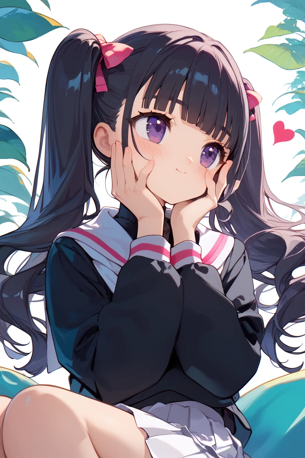 score_9, score_8_up, score_7_up, source_anime,
simple background,
cowboy shot,
sitting, holding face, blush, looking away, heart,
<lora:tomoyo_autismConfetti_v01:1>
black hair, blunt bangs, long hair, purple eyes, twintails,
tomoeda elementary school uniform, black shirt, sailor collar, school uniform, white sailor collar, long sleeves, white pleated skirt,, zPDXL
