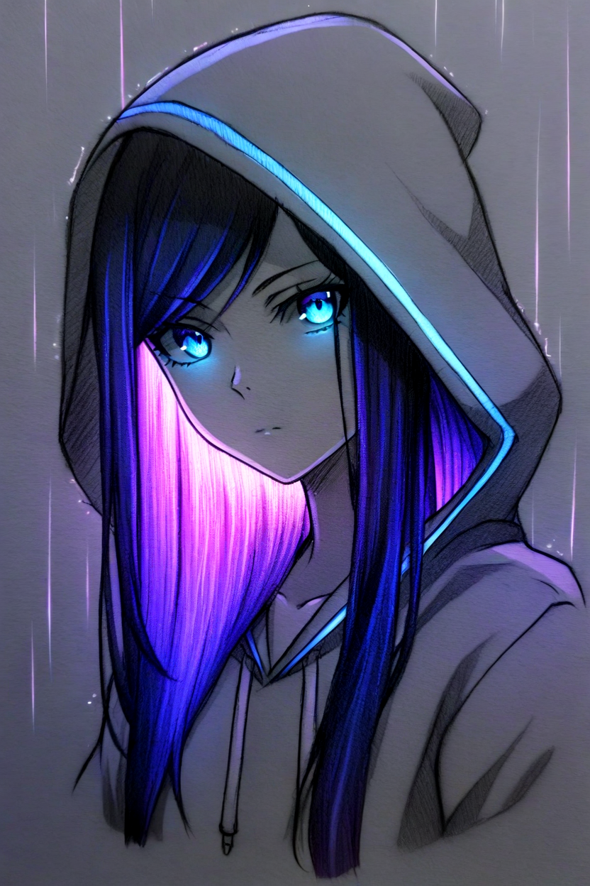 <lora:NeonSketchEffect1llust:0.8>,neonsketcheffect,glowing sketch,glowing,spot color,
masterpiece,best quality,artistic composition,aesthetic design,monochrome,cropped torso,
sketches,portrait, 1girl, solo, long hair, hood, glowing, rain, glowing eyes, purple hair, personification, hoodie, sitting, traditional media, blue eyes, looking at viewer, spot color