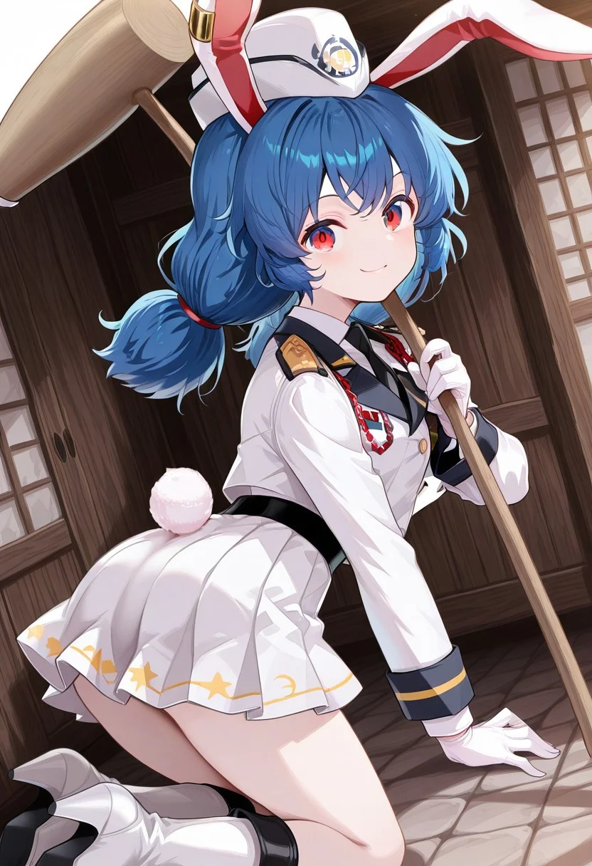 solo, 1girl, seiran, red eyes, blue hair, long hair, low twintails, rabbit ears, rabbit tail, seiran \(white rabbit practical team\), alternate costume, white headwear, earclip, black necktie, military uniform, epaulettes, red chain, white jacket, collared shirt, white shirt, white gloves, pleated skirt, white skirt, white boots, high heel boots, kine, mallet,
masterpiece,