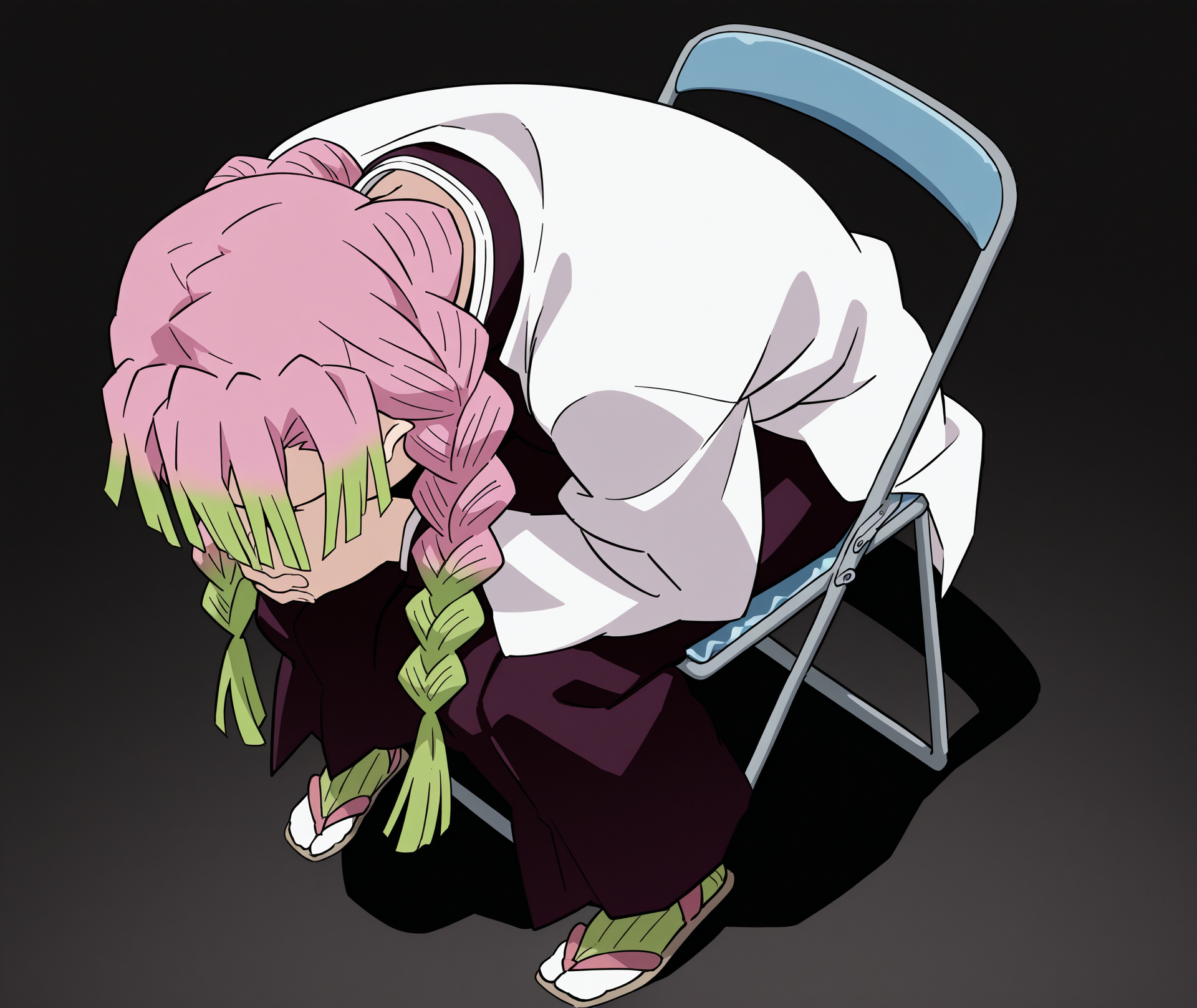highres, hi res, best quality, masterpiece, 2d, intricate details, 4k, anime coloring, uncensored, shaded, shadow, countershading,
1girl, solo, female, twin braids, bangs, braid, gradient hair, green hair, long hair, multicolored hair, pink hair, two-tone hair, kanroji mitsuri, kimetsu no yaiba,
sitting, full body, from above, chair, parody, meme, own hands clasped, head down, folding chair,
depth of field, black background, <lora:Shinji_in_a_Chair_meme_ILXL:1>, shinji in a chair \(meme\),
