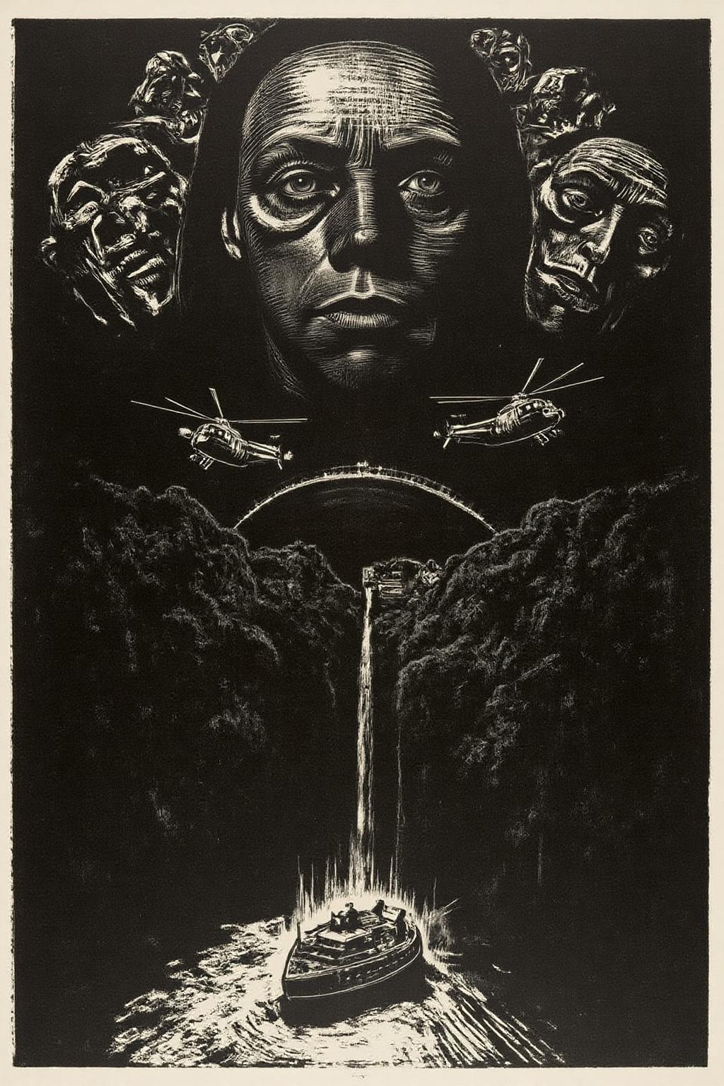 kako1 black and white woodcut print.  A dramatic, surreal poster inspired by the film Apocalypse Now, featuring a large, ominous face blending into the background of a dark, eerie jungle. Helicopters fly in formation across the sky, while a riverboat sails through the misty waters below. The composition is intense and haunting, with an atmosphere of chaos and foreboding.   <lora:kako3_woodcut_cap_d6a3e11:1.0><lora:817652870250812505:0>
