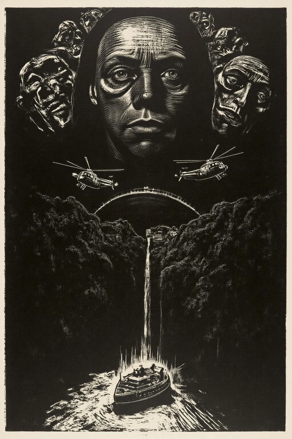 kako1 black and white woodcut print. A dramatic, surreal poster inspired by the film Apocalypse Now, featuring a large, ominous face blending into the background of a dark, eerie jungle. Helicopters fly in formation across the sky, while a riverboat sails through the misty waters below. The composition is intense and haunting, with an atmosphere of chaos and foreboding. <lora:kako3_woodcut_cap_d6a3e11:1.0><lora:817652870250812505:0>