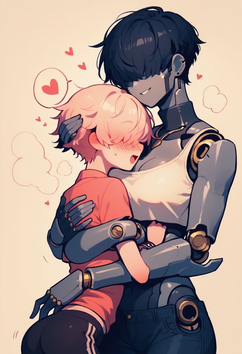 score_9, score_8_up, score_7_up, score_6_up, score_5_up, score_4_up, break, source_cartoon,  official, (duo, 1boy, 1woman), /<femboy/>, submissive, no face, mechanical limbs, robot joints, metal skin, (cute, petite, small body), hair cover eyes, /<1futanari/>, dominant, big breast, size difference, casual clothes, hug, cute doodle, cute comic