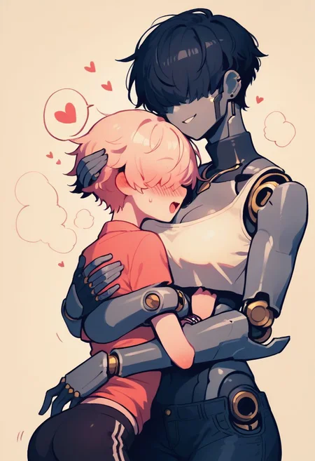 score_9, score_8_up, score_7_up, score_6_up, score_5_up, score_4_up, break, source_cartoon,  official, (duo, 1boy, 1woman), /<femboy/>, submissive, no face, mechanical limbs, robot joints, metal skin, (cute, petite, small body), hair cover eyes, /<1futanari/>, dominant, big breast, size difference, casual clothes, hug, cute doodle, cute comic