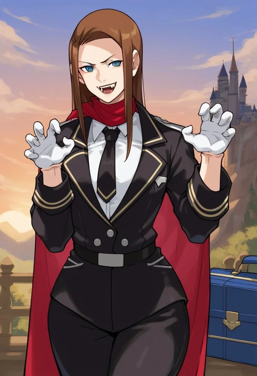 score_9, score_8_up, score_7_up, source_anime, show accurate, 1girl, sexy girl, solo, Lana Skye, brown hair, long hair, straight hair, parted hair, blue eyes, white gloves, red scarf, makeup, thick clothing, black coat, open coat, red cape, black necktie, white collar, buttoned shirt, black buttoned shirt, black shirt, black trousers, portrait, close up, male focus, smirk, open mouth, fangs, claw pose, blood from mouth, face focus, seme, suitcase, thick thighs, wide hips, outdoors, steamy body, castle, mountain background, sunset, stars, (wide_hips), thick thighs, bubble_butt