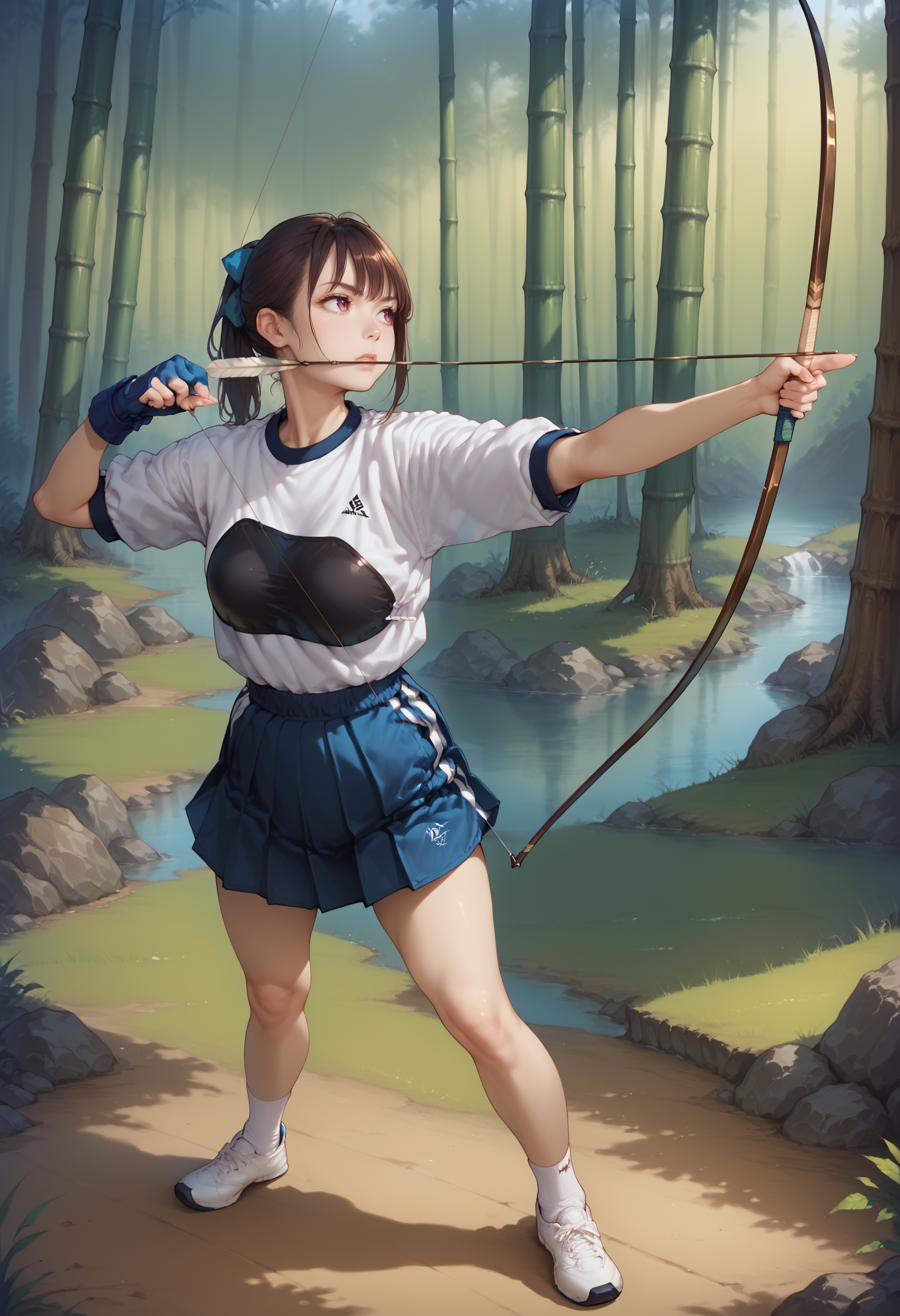 zPDXL3,1girl,full_body,standing,open_stance,outdoors,bamboo forest,medium breasts,<lora:Pony_DetailV2.0:1> BREAK
kyudo-aiming,holding bow \(weapon\),drawing bow,bow_string,arrow \(projectile\),aiming,partially fingerless gloves,yugake,closed mouth,gym uniform,pleated shirt,socks,shoes,<lora:kyudo-aiming-pony-v30:0.9>,