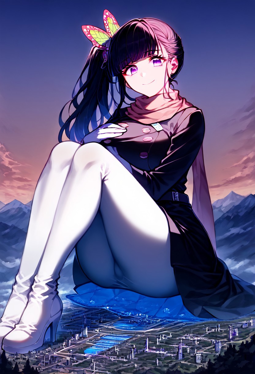 gorgeous lips, cinematic, (masterpiece), (best quality), (ultra-detailed), very aesthetic, perfect composition, intricate details, absurdres, detailed face, (anime, masterpiece, intricate:1.3), (best quality, hires textures, high detail:1.2), score_9, score_8_up, score_7_up, source_anime, 1girl, kanao tsuyuri, black hair, pink highlights, butterfly, butterfly hair ornament, purple eyes, very long hair, side ponytail, ponytail, eyelashes, hair ornament, scarf, dress, black dress, long sleeves, buttons, gloves, white gloves, belt, pantyhose, pink pantyhose, laced high heels, white footwear, skirt, flower patterns, alternate_costume, enormous breasts, facial expression, kind, soft eyes, head tilt, slightly smiling, closed mouth, hand on breasts, goddess, planet size, giantess, growing even bigger, sitting on the ground, ruanyi0639,hugging own legs, gradient eyes, beautiful detailed eyes, city background, mountain landscape, city, mountain, super tall building, super tall skyscrapers, in the city, solo, (masterpiece:1.4), (best quality:1.4), (ultra-detailed:1.2), gl0w, glow,