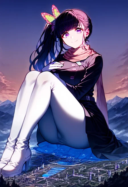 gorgeous lips, cinematic, (masterpiece), (best quality), (ultra-detailed), very aesthetic, perfect composition, intricate details, absurdres, detailed face, (anime, masterpiece, intricate:1.3), (best quality, hires textures, high detail:1.2), score_9, score_8_up, score_7_up, source_anime, 1girl, kanao tsuyuri, black hair, pink highlights, butterfly, butterfly hair ornament, purple eyes, very long hair, side ponytail, ponytail, eyelashes, hair ornament, scarf, dress, black dress, long sleeves, buttons, gloves, white gloves, belt, pantyhose, pink pantyhose, laced high heels, white footwear, skirt, flower patterns, alternate_costume, enormous breasts, facial expression, kind, soft eyes, head tilt, slightly smiling, closed mouth, hand on breasts, goddess, planet size, giantess, growing even bigger, sitting on the ground, ruanyi0639,hugging own legs, gradient eyes, beautiful detailed eyes, city background, mountain landscape, city, mountain, super tall building, super tall skyscrapers, in the city, solo, (masterpiece:1.4), (best quality:1.4), (ultra-detailed:1.2), gl0w, glow,
