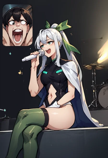 score_9, score_8_up, score_7_up, source_anime, FanScreamingMeme, open mouth, sitting, music, crossed legs, holding microphone, singing, <lora:FanScreamingAtMadisonBeer_XLPD:0.5>, screen, phone,
BREAK <lora:oc_justtnp_ponyXL:1> justtnp, heterochromia, black eyes, white eyes, formal, 1boy, green thighhighs, thick thighs,
BREAK <lora:consolegirls_xbox_ponyXL:0.8>, xbox-chan, ponytail, green hair ribbon, black leotard, navel cutout, cape, white gloves, black thighhighs, 1girl, white hair,